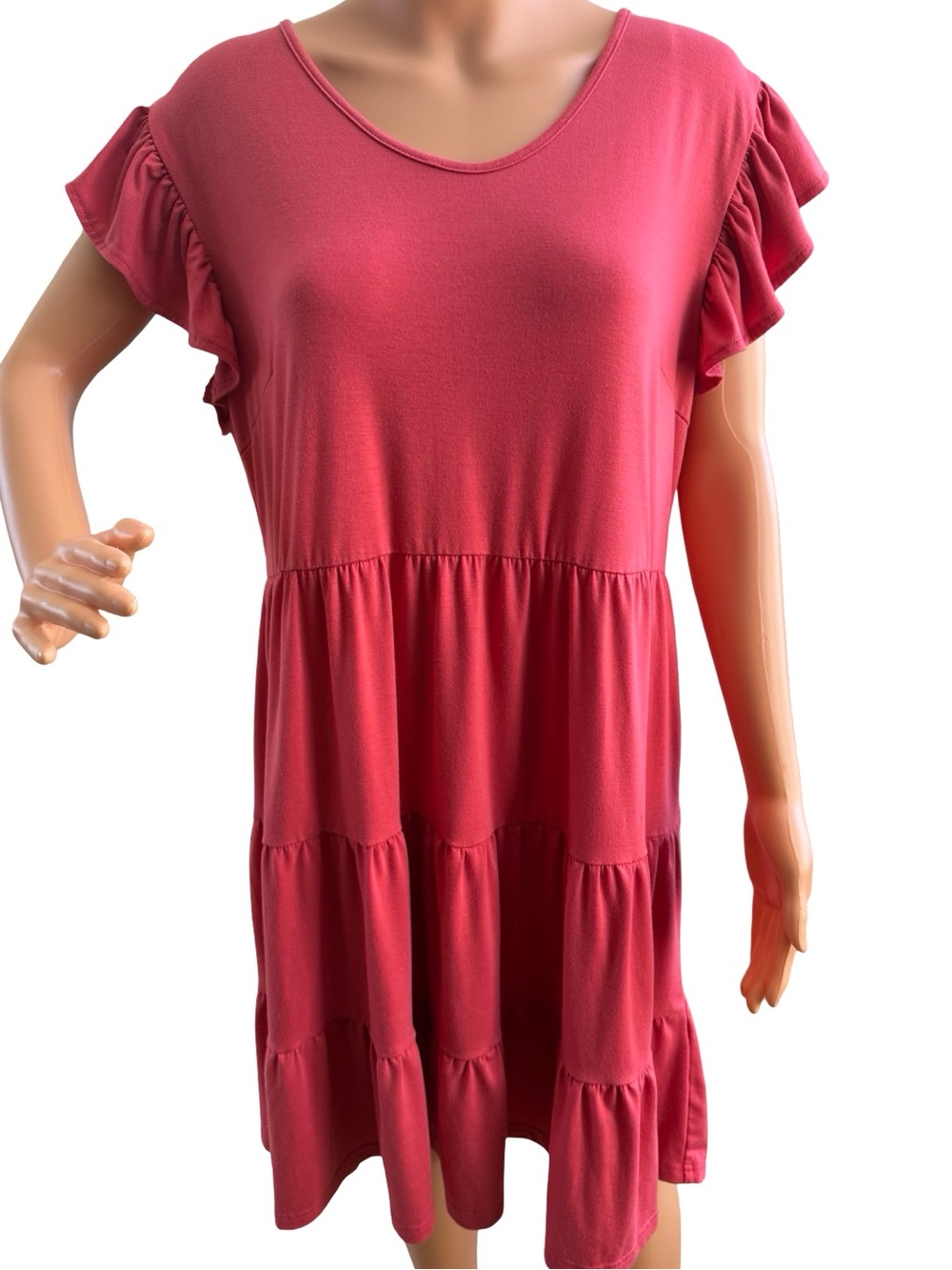 Lyrur Raspberry or light red Tiered Flutter Sleeve Midi Dress